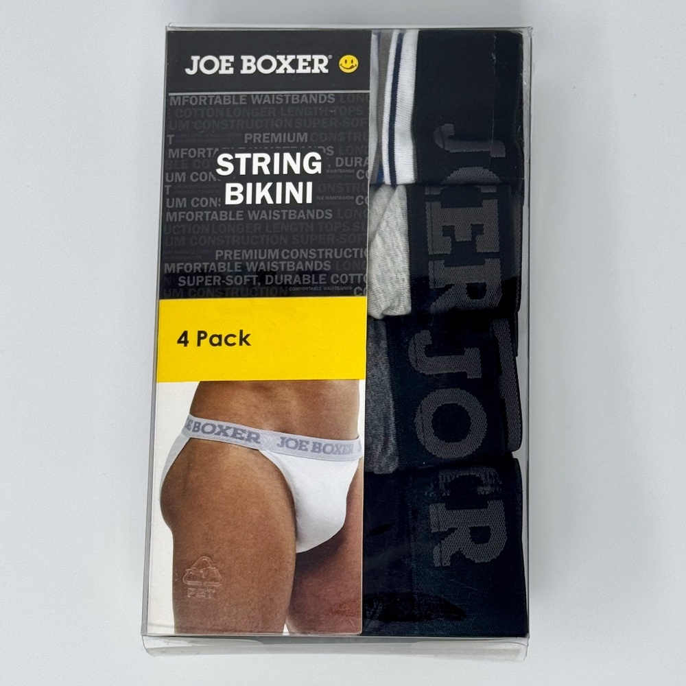 Joe Boxer Men's String Bikinis 4-Pack - Black, Light Gray, Dark Gray, Striped M